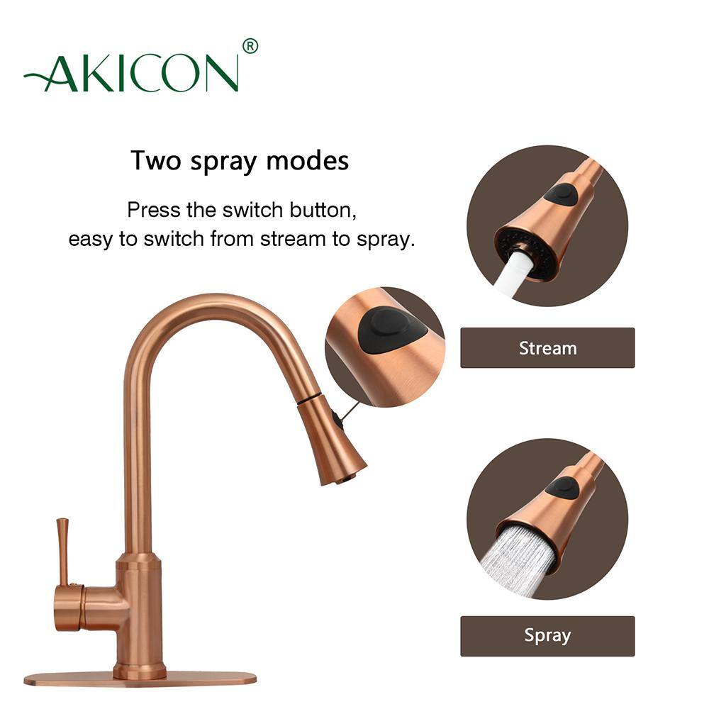 Akicon Single-Handle Pull Down Sprayer Kitchen Faucet with Deckplate in Brushed Copper AK96466-C