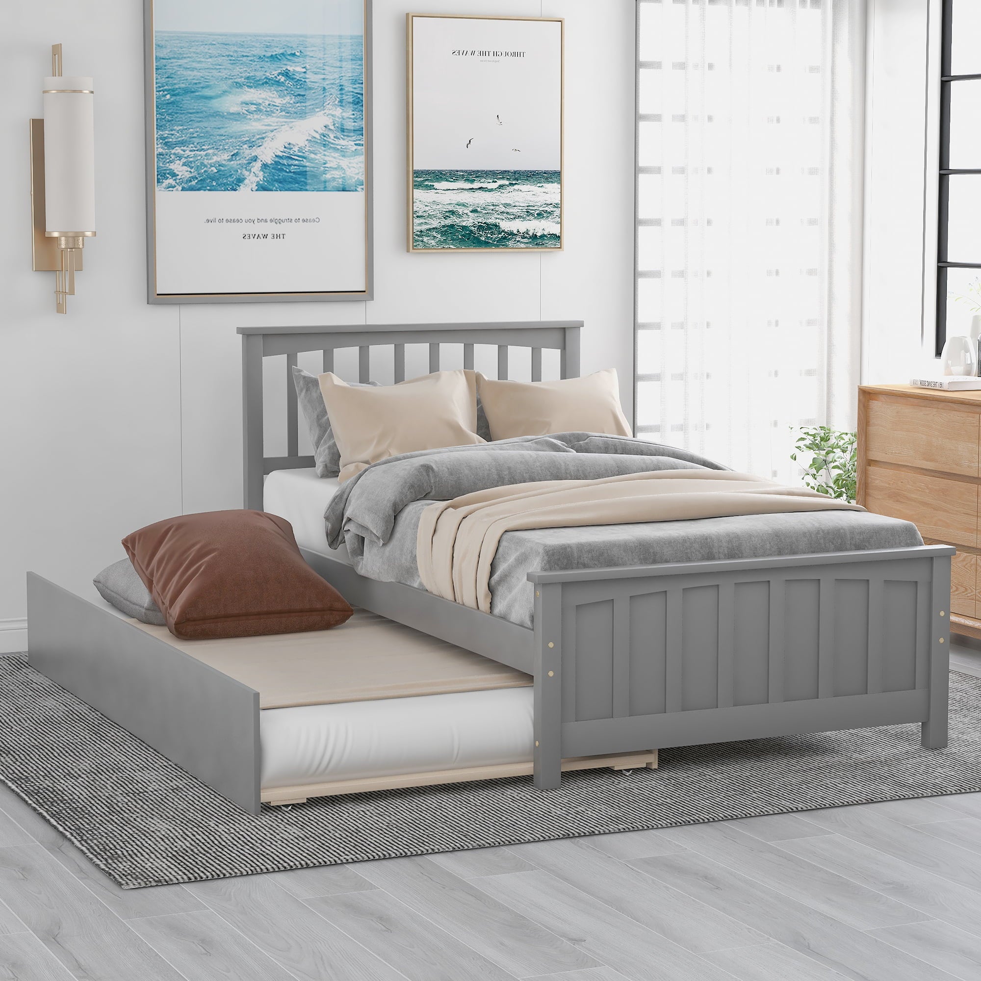 Twin Size Platform Bed with Trundle, Gray