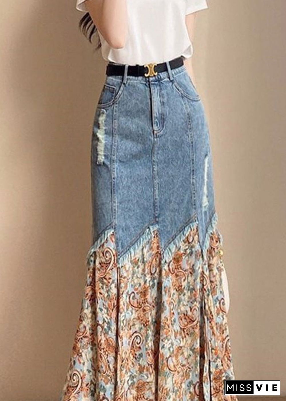 French Print Patchwork Button Denim Maxi Skirts Summer