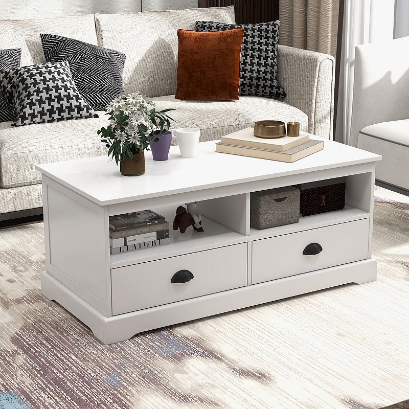 Modern Coffee Table with Drawers and Open Cubies-White