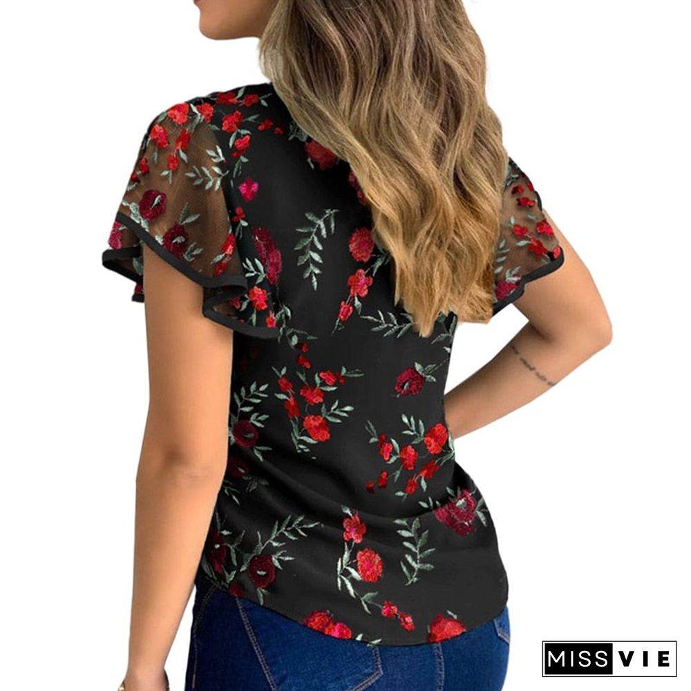 4 Styles Sexy Women Ladies Ruffle Sleeve Tops Pullover Dot Polk Embroidery Floral Print Blouse OL Casual Chiffon Jumper Tee