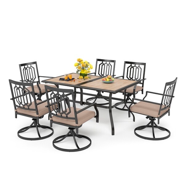 MAISON ARTS 7piece Patio Dining Set，1 Rectangle Woodlike Table with Umbrella Hole and 6 Metal Swivel Chairs