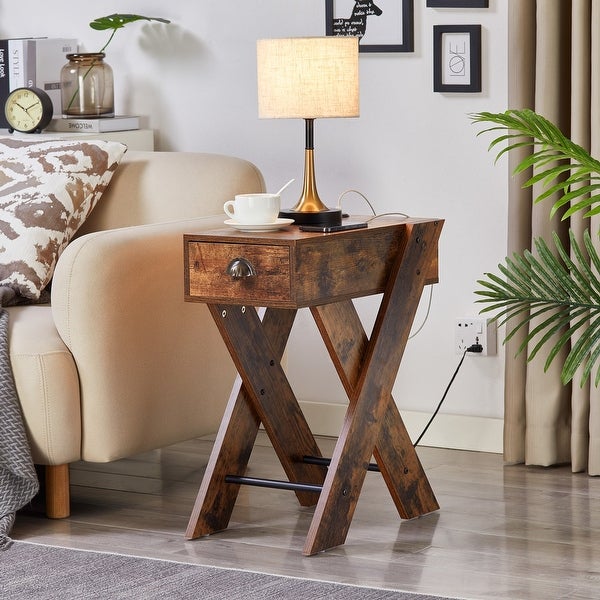 Wooden End Table with Dual USB Charging Ports， Nightstand Sofa Side Table with Drawer (Set of 2)