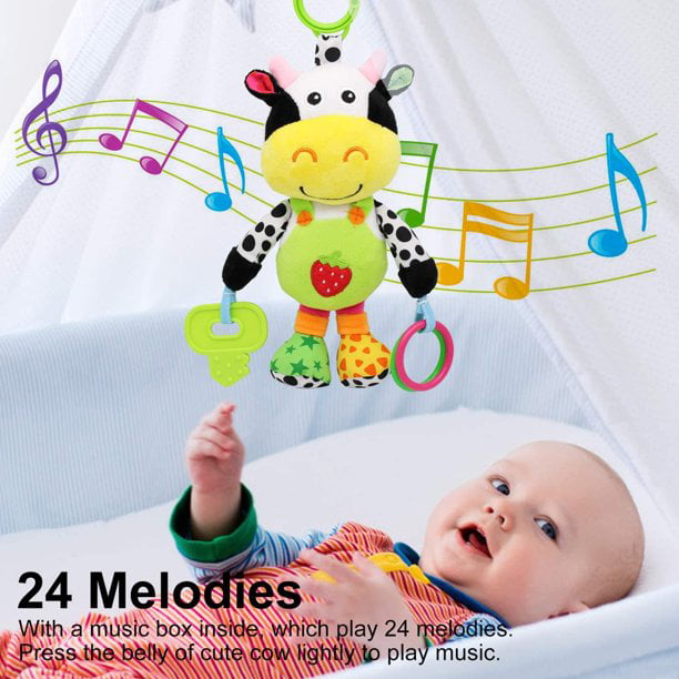 baby car seat toy with 24 kinds of music and teether， baby soft plush rattle， early development of hanging stroller toys， suitable for 0， 3， 6， 9， 12 months of newborn boys and girls gifts (cows)