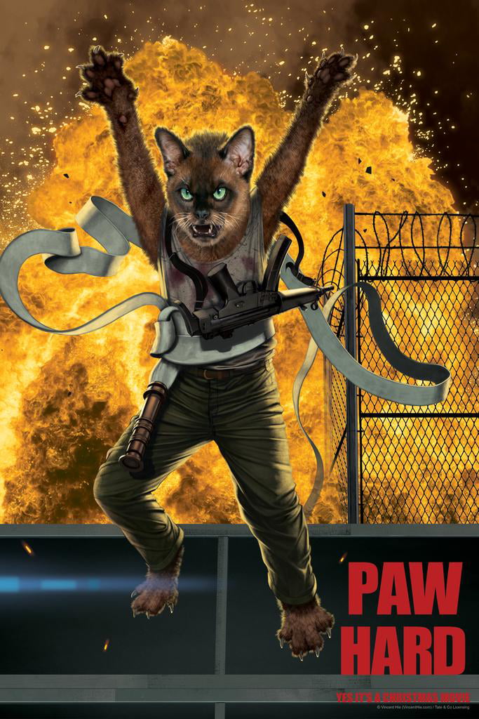 Laminated Paw Hard Cat Jumping From Explosion by Vincent Hie Action Thriller Die Movie Parody Funny Poster Dry Erase Sign 24x36