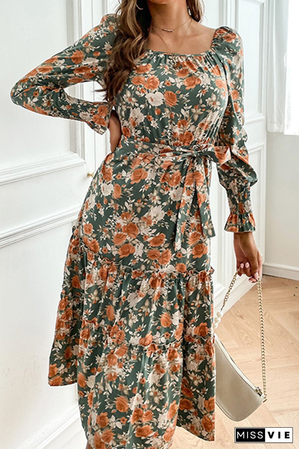 Printed Square-cut Collar Flounces Longsleeves Floral Dress Wholesale