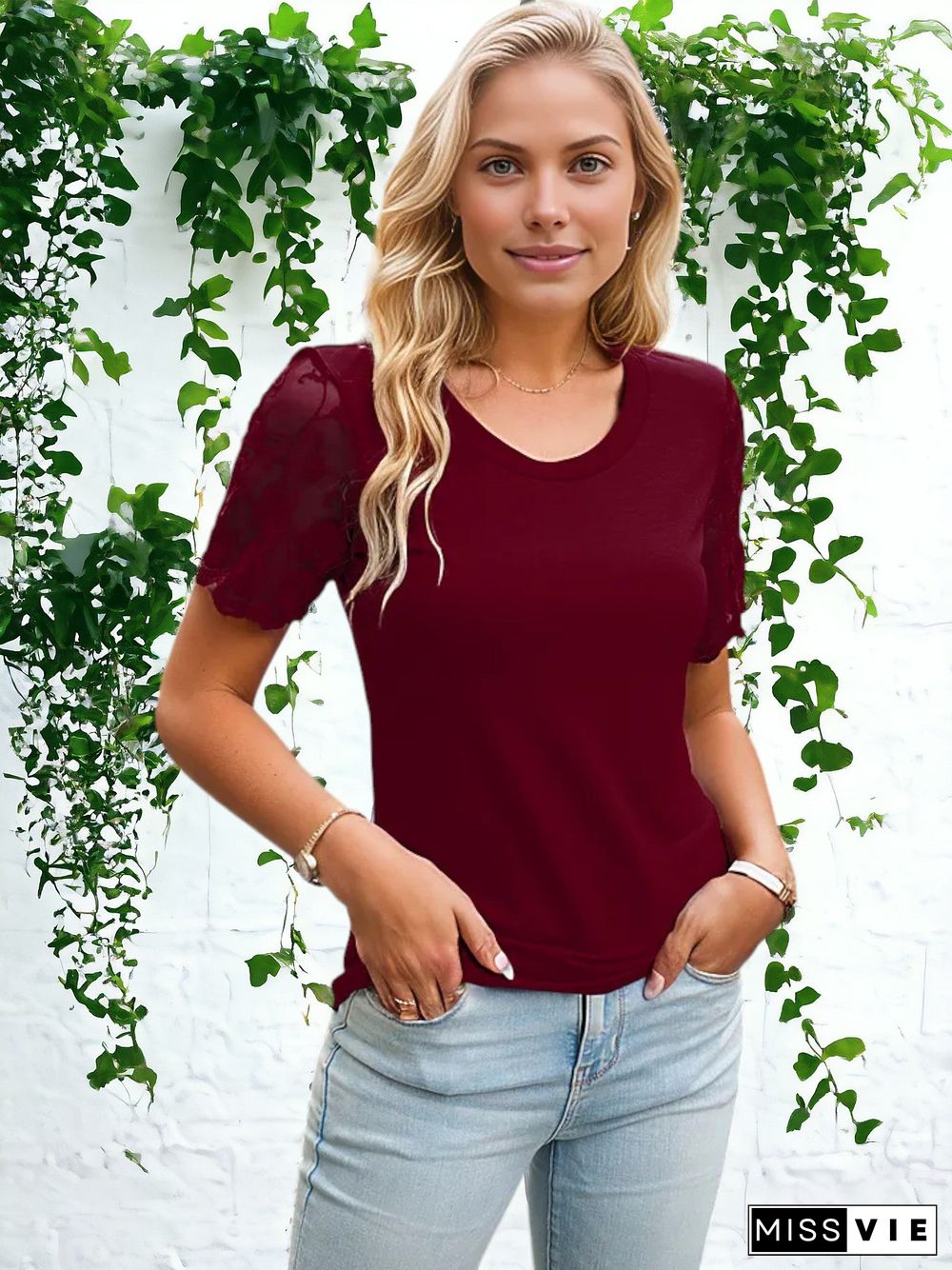 Lace Detailed Short Sleeved Crew Neck T-Shirt