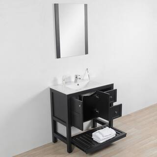 Manhattan 36 in. W x 18 in. D Bath Vanity in Black with Ceramic Vanity Top in White with White Basin and Mirror MH-36-C-MB-BL