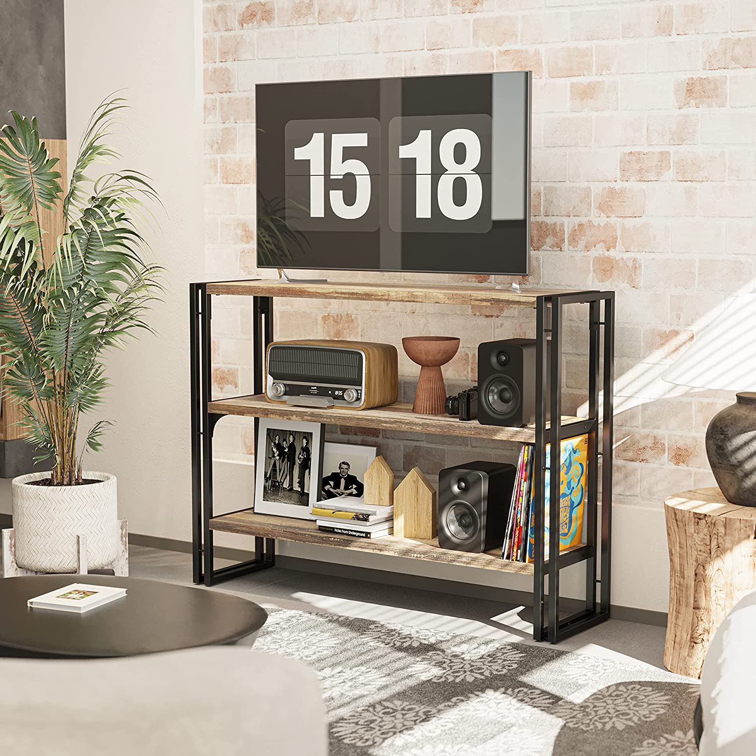 43 inch Bookshelf 3-tier Industrial Bookcase Wood Storage Shelf