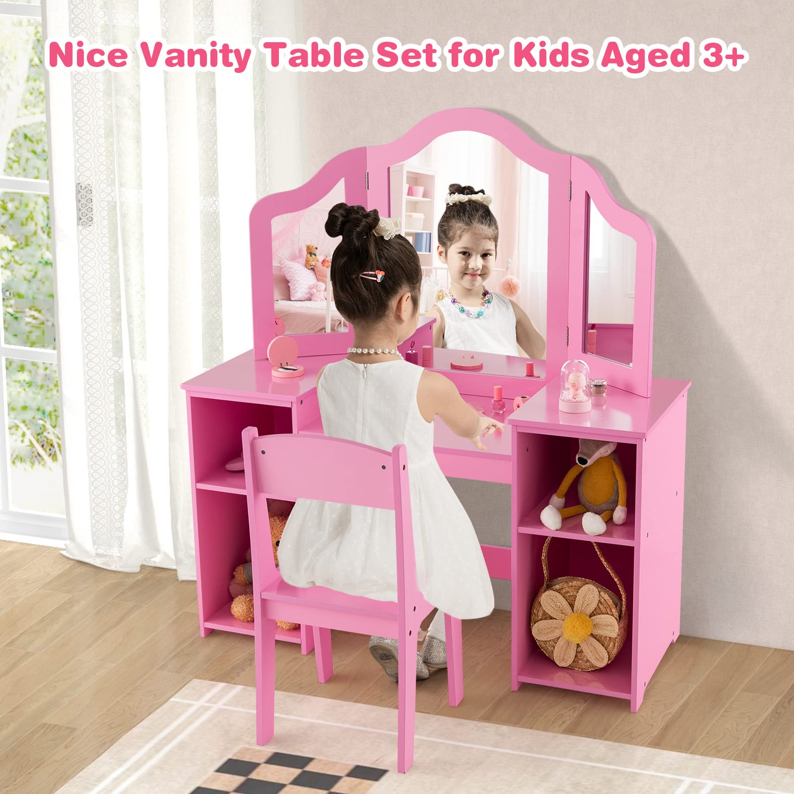 Costzon Kids Vanity Set, 2 in 1 Princess Makeup Dressing Table with Detachable Tri-Folding Mirror