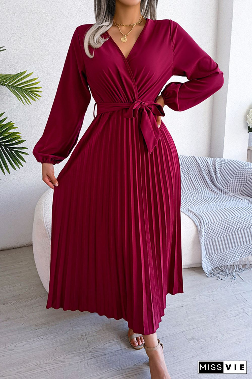 Plain Wrap V Neck Pleated Maxi Dress