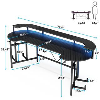 TRIBESIGNS WAY TO ORIGIN Halseey 75 in. Black Wood and Metal Computer Desk Writing Gaming Desk with Led Strip Monitor Stand HD-XK00231-HYF