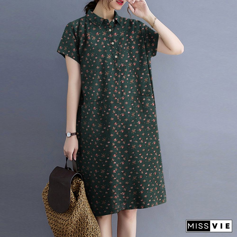 ZANZEA Women Summer Short Sleeved Floral Printed Midi Shirts Dress Holiday Loose Dresses