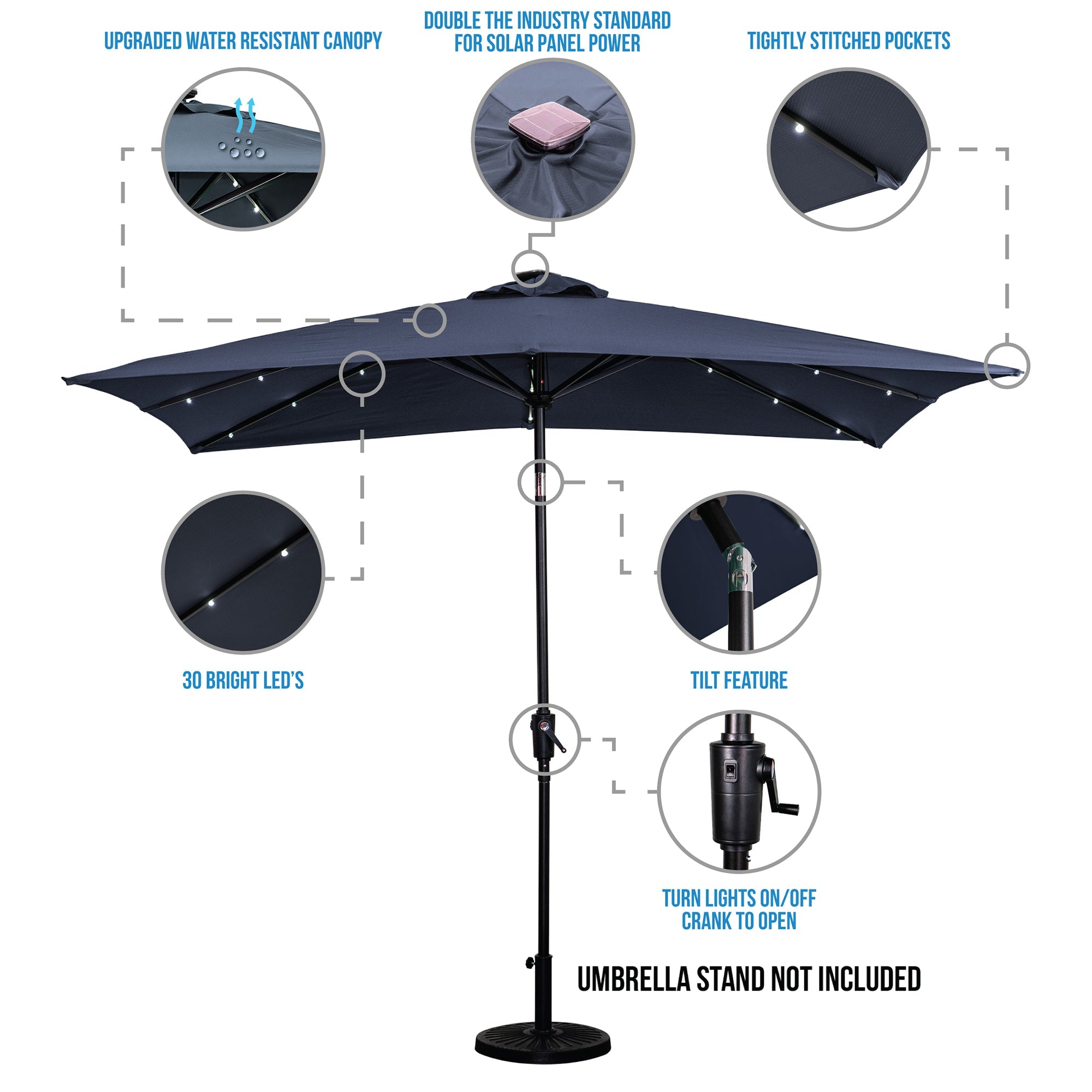 SunRay 9' x 7' Rectangular Patio LED Umbrella Solar Powered w/Crank & Tilt Outdoor Umbrella, Grey