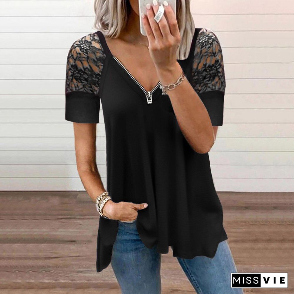 Women Tank Top Solid Zipper V Neck Female Camisole Lace Short Sleeve Pleated T Shirt Ladies Summer Women Loose Pullover Tops D30