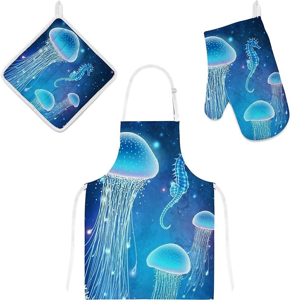 Kitchen Oven Mitts Glove Potholder Apron 3pcs Set Magic Jellyfish Non Slip Heat Resistant Mitts For Baking Cooking Bbq