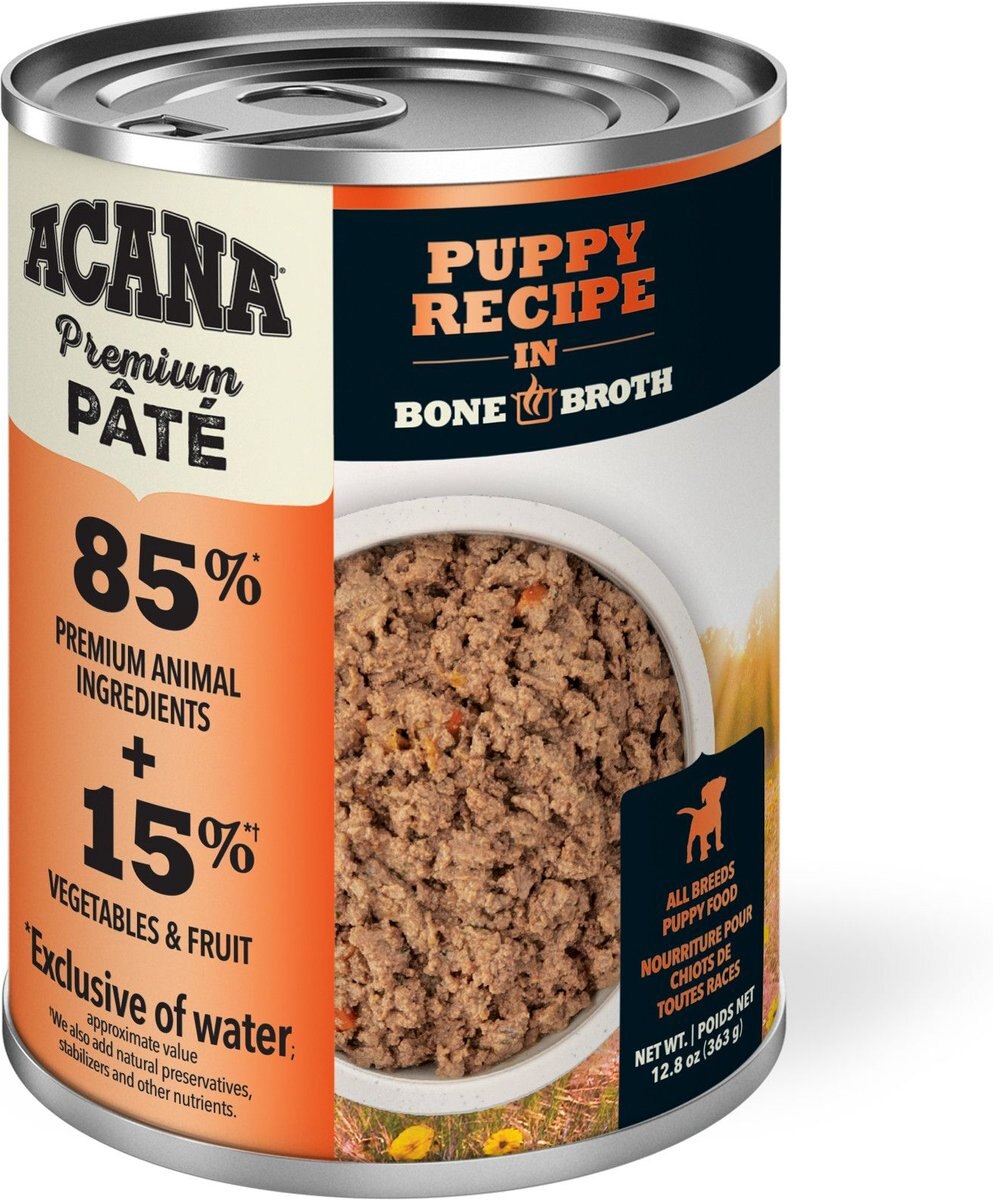 ACANA Premium Pate Puppy Recipe in Bone Broth Grain-Free Wet Dog Food， 12.8-oz can， case of 12