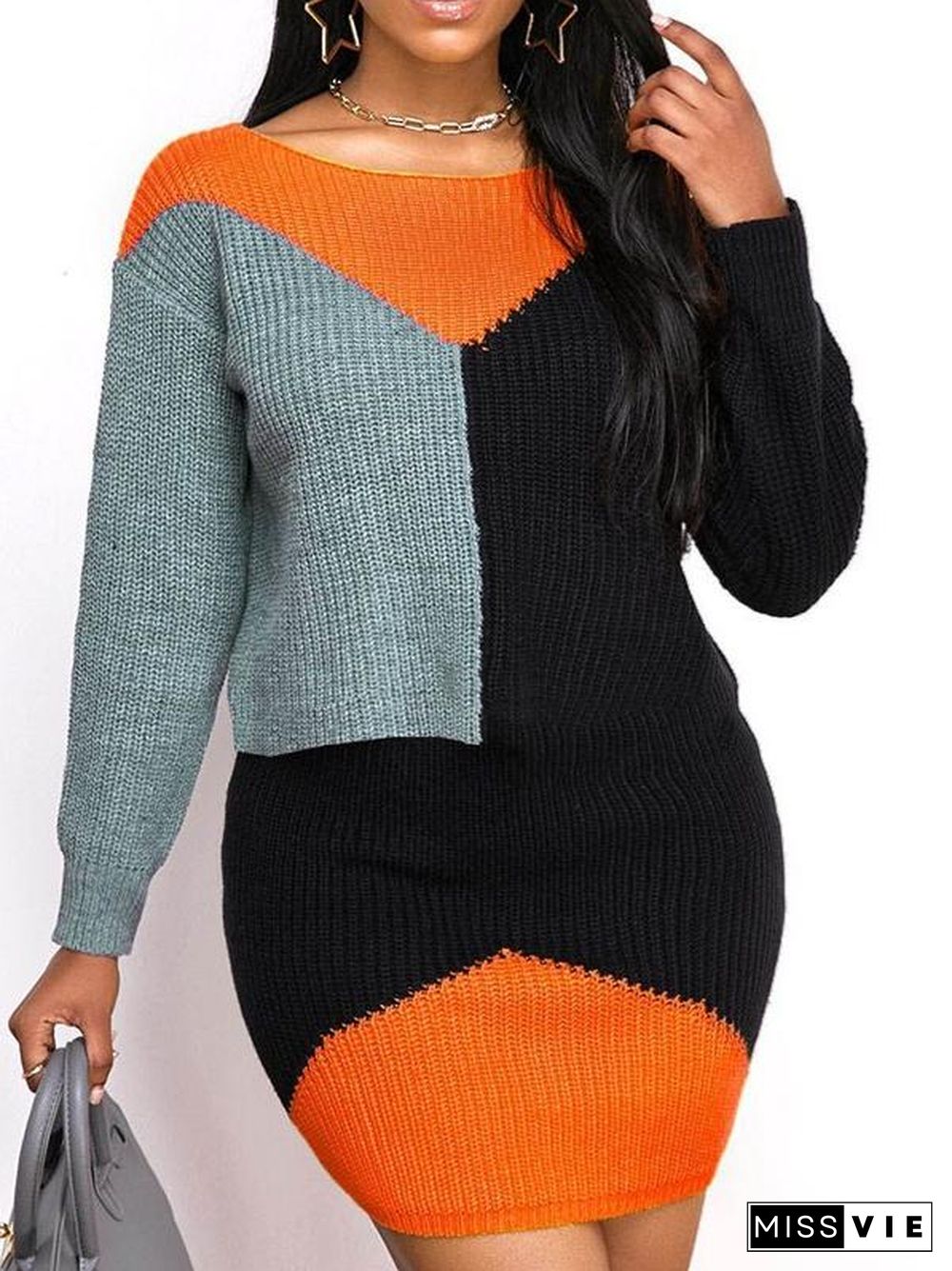 Women's Colorblock Stitching Casual Knit Round Collar  Long Sleeves Midi Dress