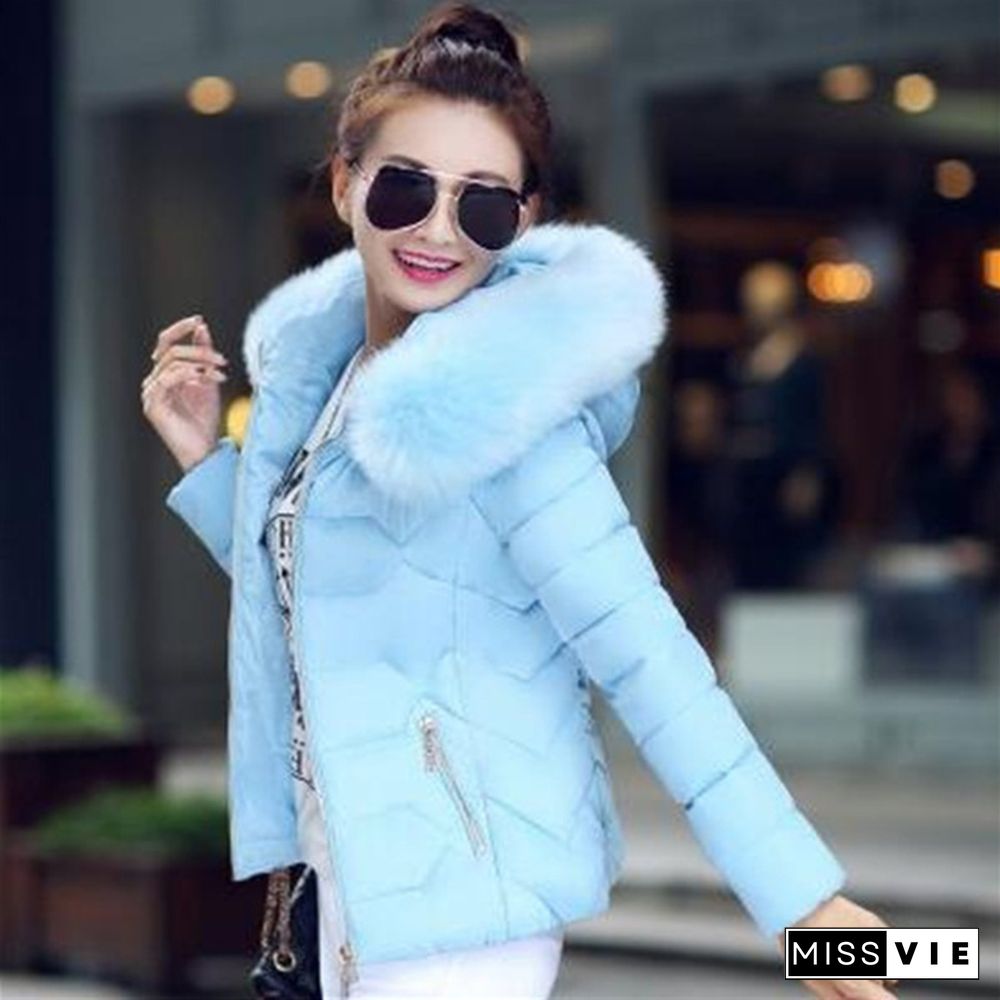 Autumn Winter New Fashion Women Short Coat Cotton-Padded Jacket Large Size Hooded Jacket Warm Cotton Female Fur Collar Hoody Parka Xs-Xxxl