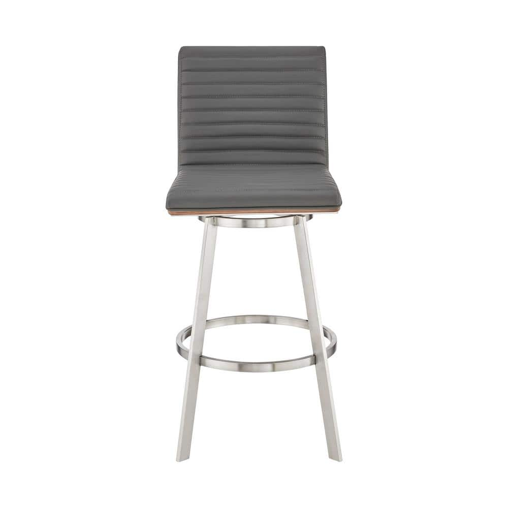 Armen Living Jermaine 30 in. Bar Height High Back Swivel Bar Stool in Brushed Stainless Steel and Grey Faux Leather 721535762057