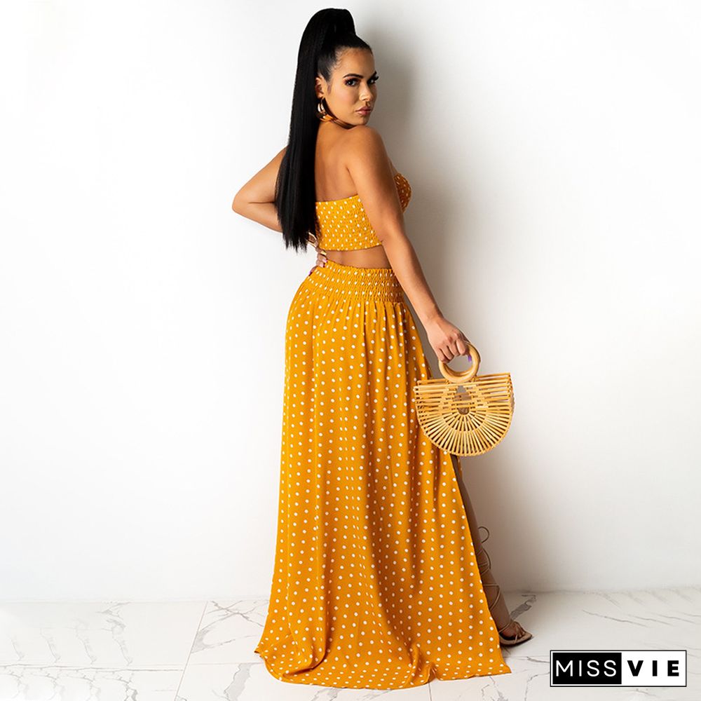 Women Polka Dots Print Strapless Crop Top High Split Maxi Skirt Summer Vacation Two Piece Dress Set