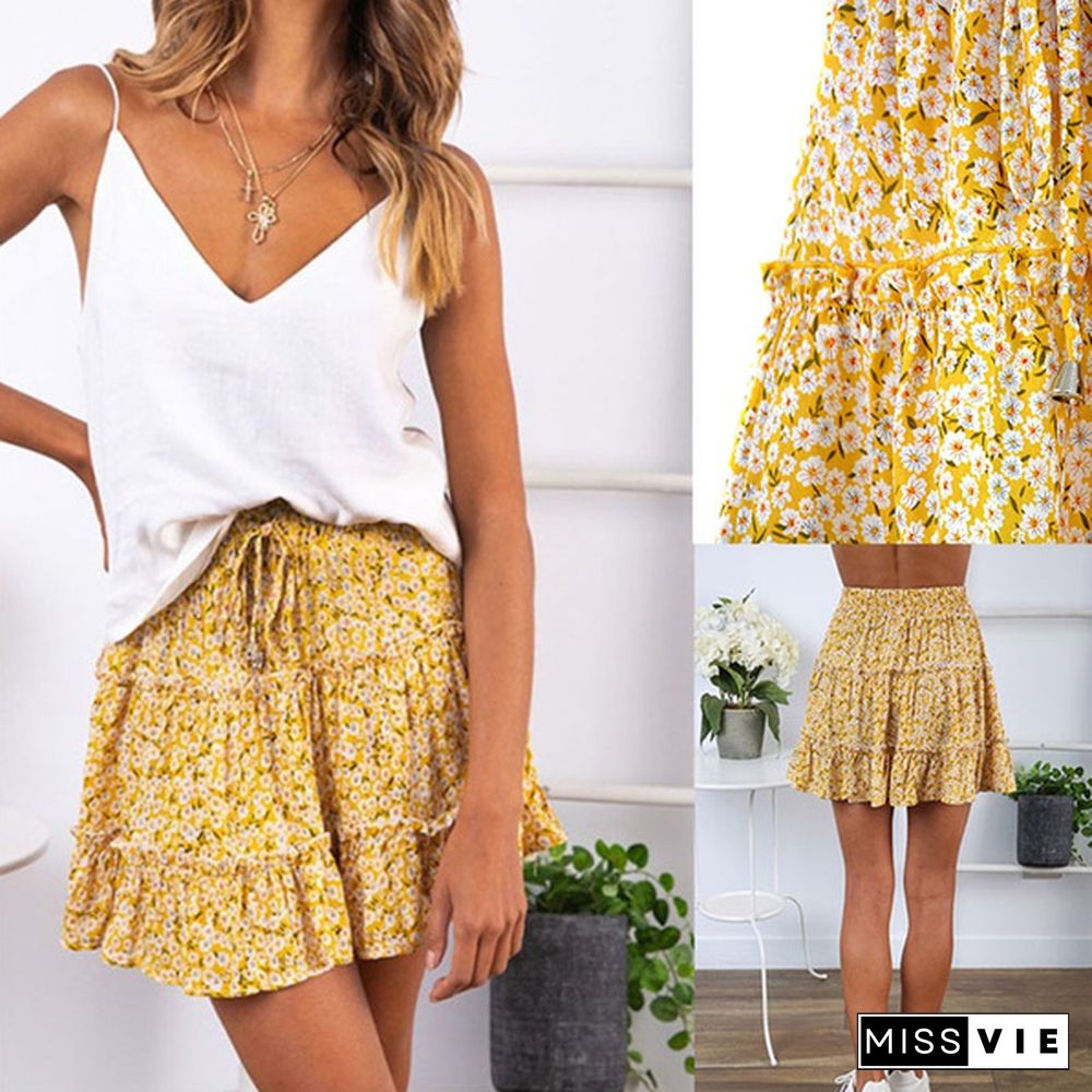 New Women Y2K Sweet Skirts Summer High Waist Falbala Floral Printing Skirts Beach Essential Womens Fashion Mini Skirt