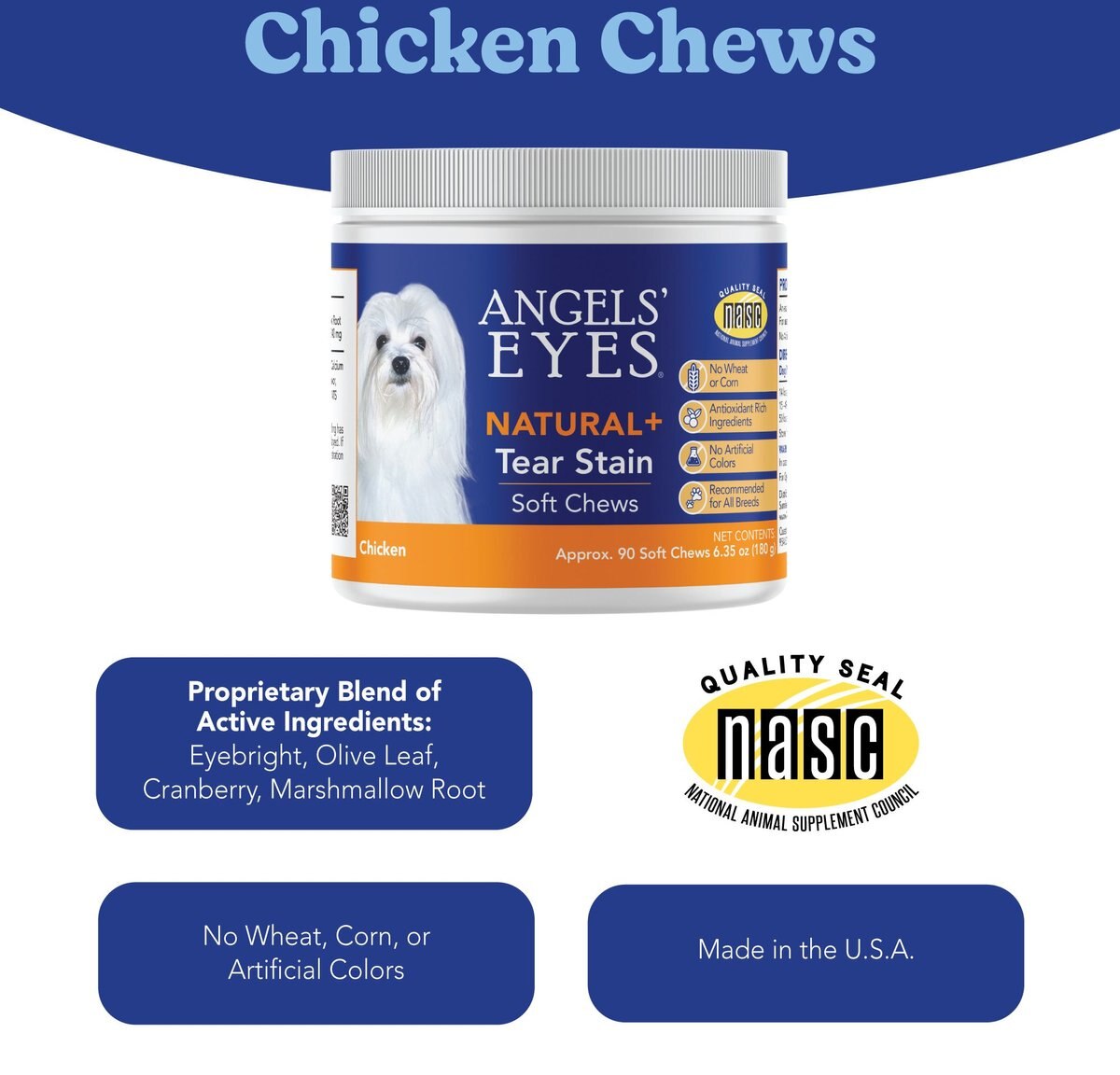 Angels' Eyes Natural Plus Chicken Flavored Soft Chews Tear Stain Supplement for Dogs and Cats， 6.35-oz bag， 90 count