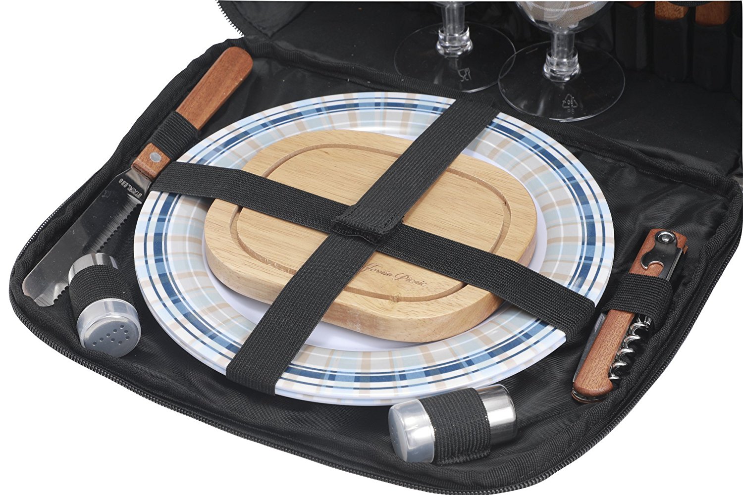 Picnic Backpack | Wine Cooler | Stylish All-in-One Portable Picnic Bag for 4 with Complete Wooden Cutlery Set， Stainless S S/P Shakers | Waterproof Fleece Picnic Blanket | Cooler Bag for Camping