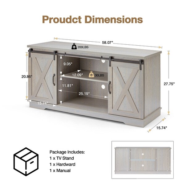 Sliding Barn Door TV Stand，Storage Wood Media Console Table Cabinet Adjustable Shelf for TVs up to 65