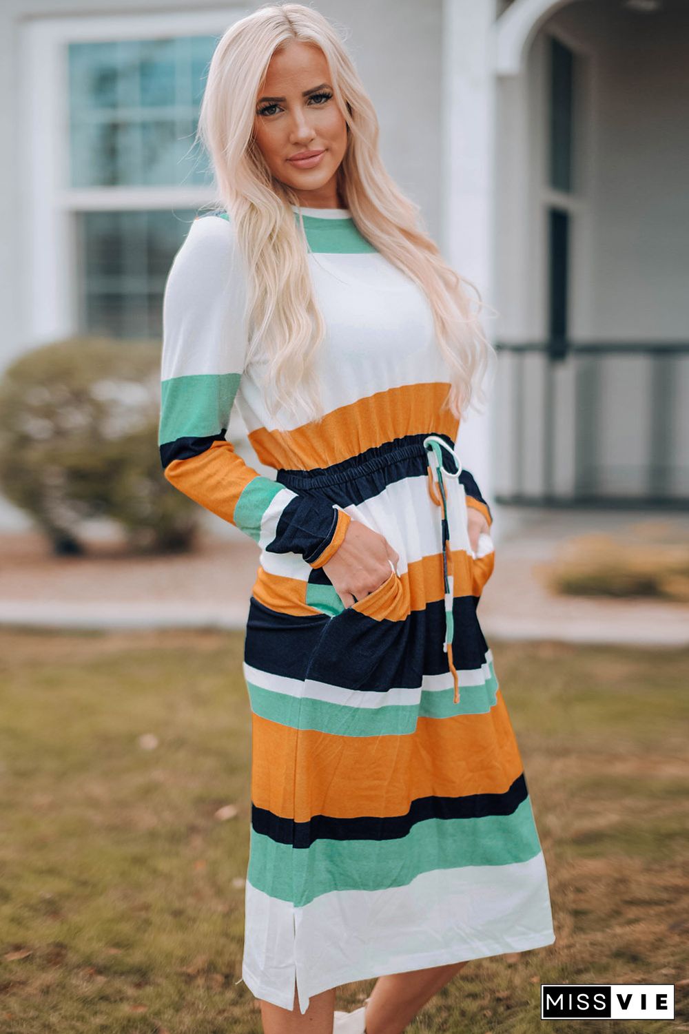 Green Multicolor Block Drawstring Waist Long Sleeve Midi Dress