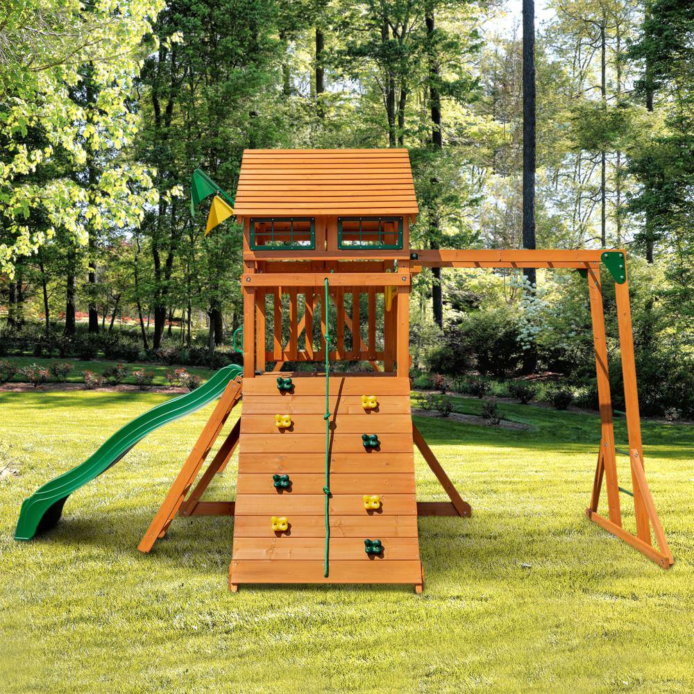 Gorilla Playsets DIY Outing III Wooden Outdoor Playset with Wood Roof Monkey Bars Slide Swings and Backyard Swing Set Accessories 01-1069