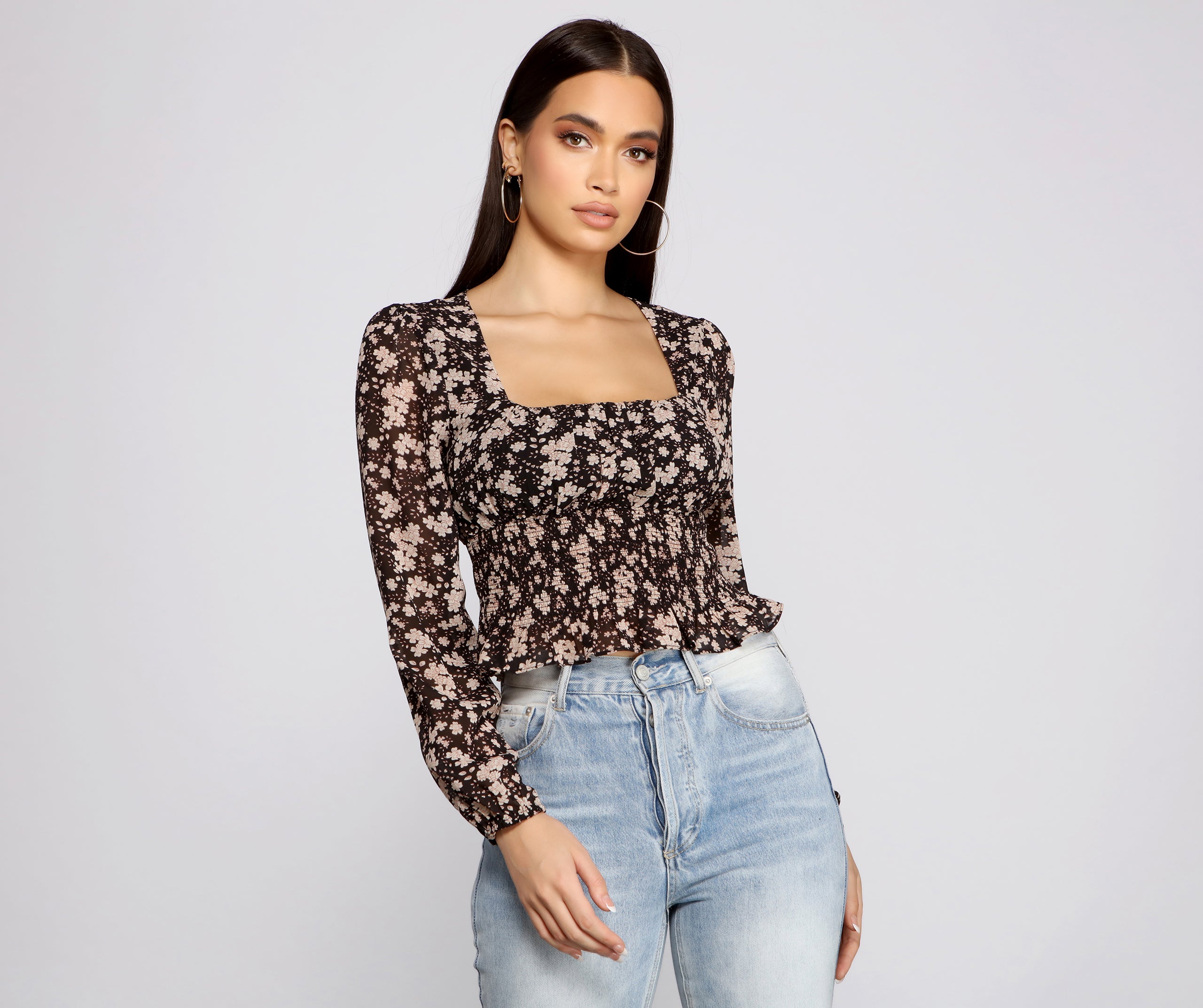 Floral Charm Smocked Long Sleeve Top