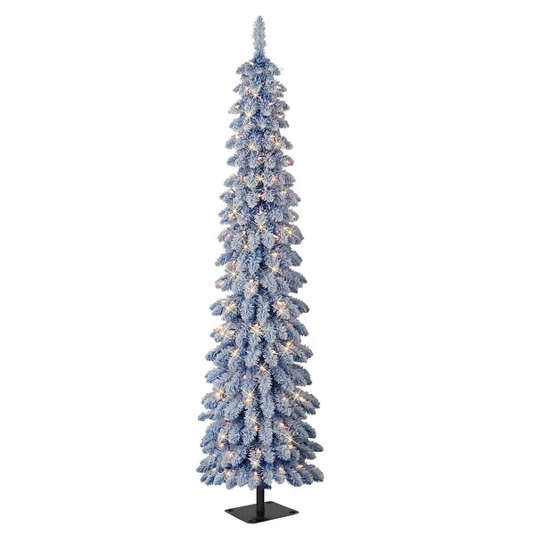 Puleo International 6 ft. PreLit Flocked Blue Artificial Alpine Pencil Tree