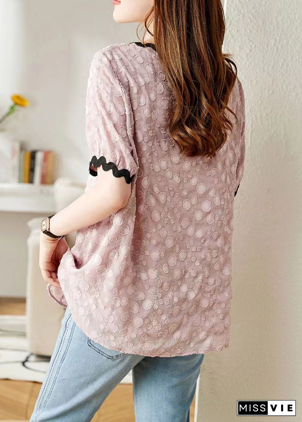 Pink Patchwork Cozy Chiffon T Shirts Puff Sleeve