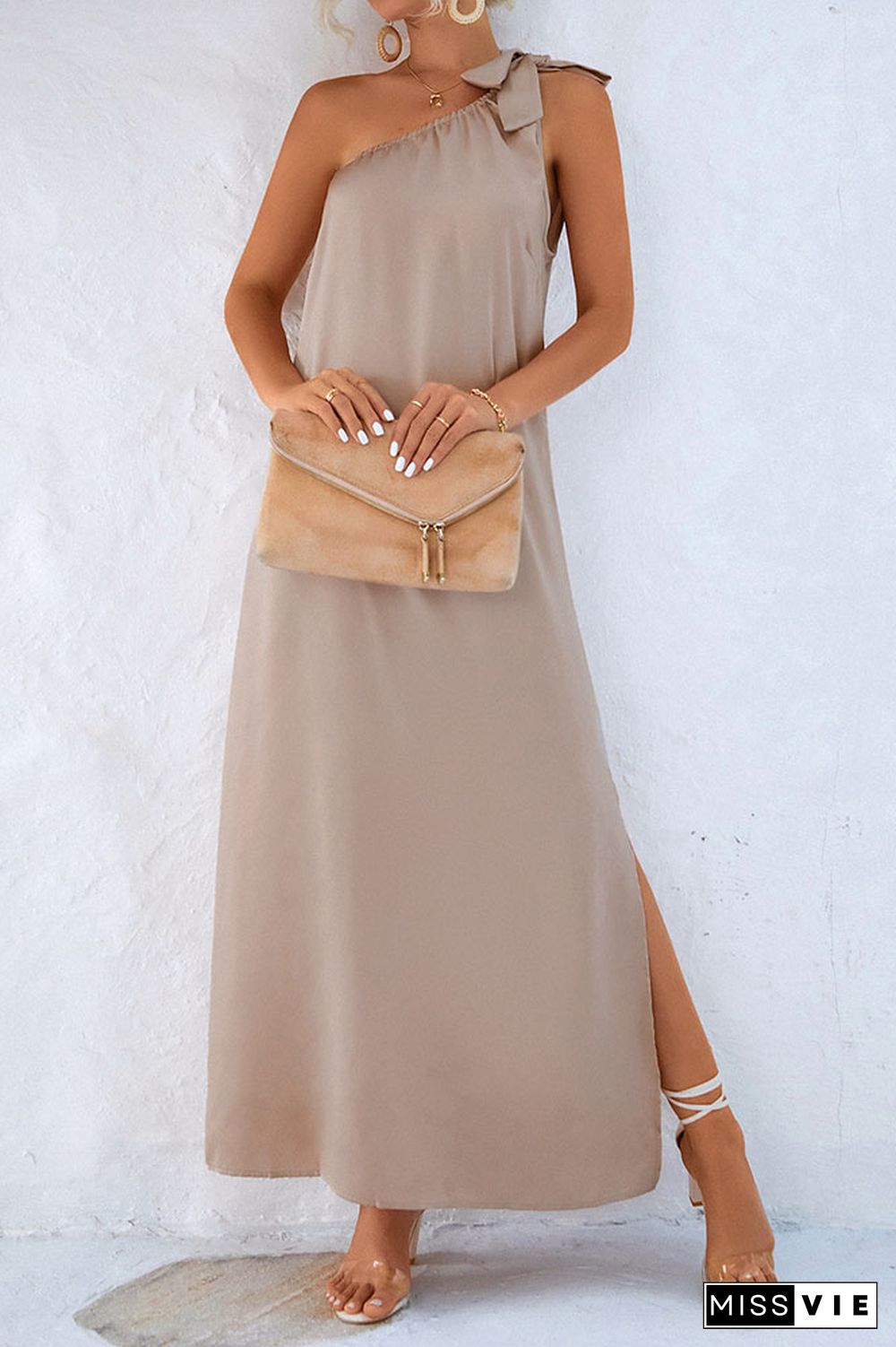 One Shoulder Tie Knot Split Maxi Dress