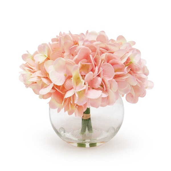 Artificial Hydrangea Flower Arrangement in Round Glass Vase 7in