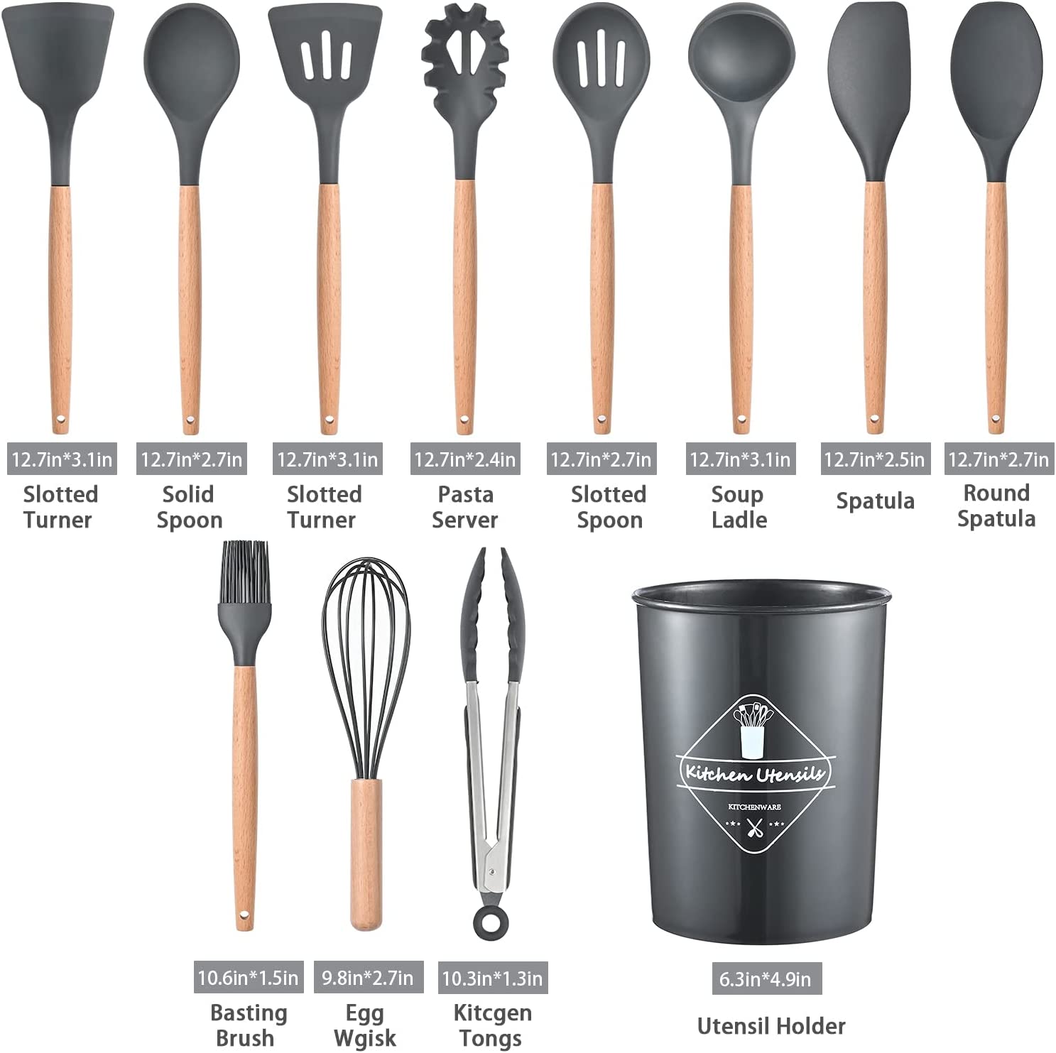 RuiCredibility Handle Spatula Spoon Silicone Kitchenware Cooking Utensils Set With Storage Box Kitchen 12Pcs Gray