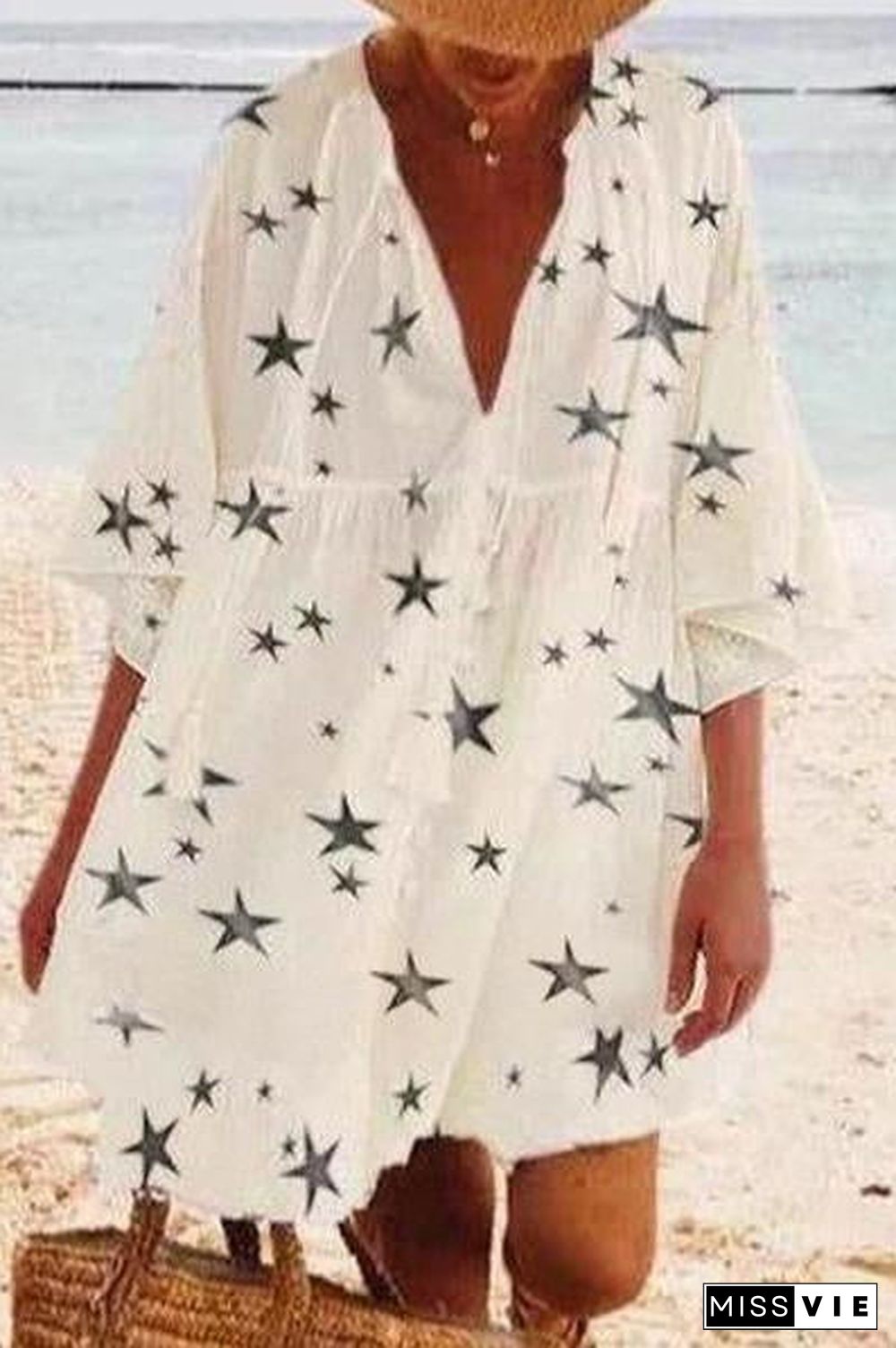 Sweet Star Print V-Neck Tassel Dress