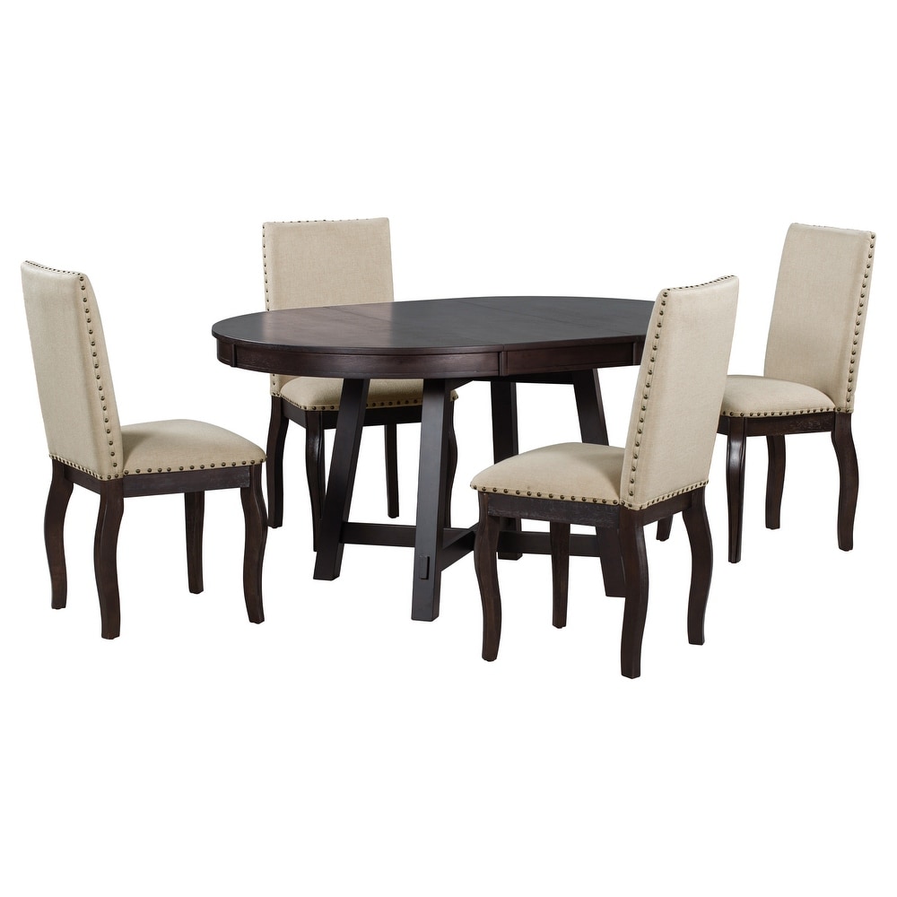 Farmhouse 5 Piece Wood Dining Table Set with Extendable Dining Table and Upholstered Armrests Dining Chairs for Dining Room