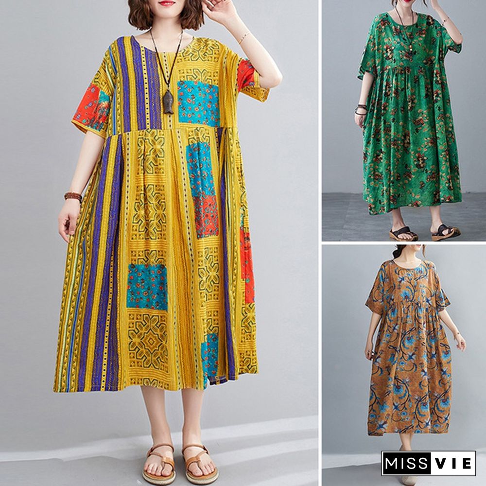 Women Casual Summer Sundress Full Sleeve Printed Plus Size Crew Neck Baggy Midi Dress