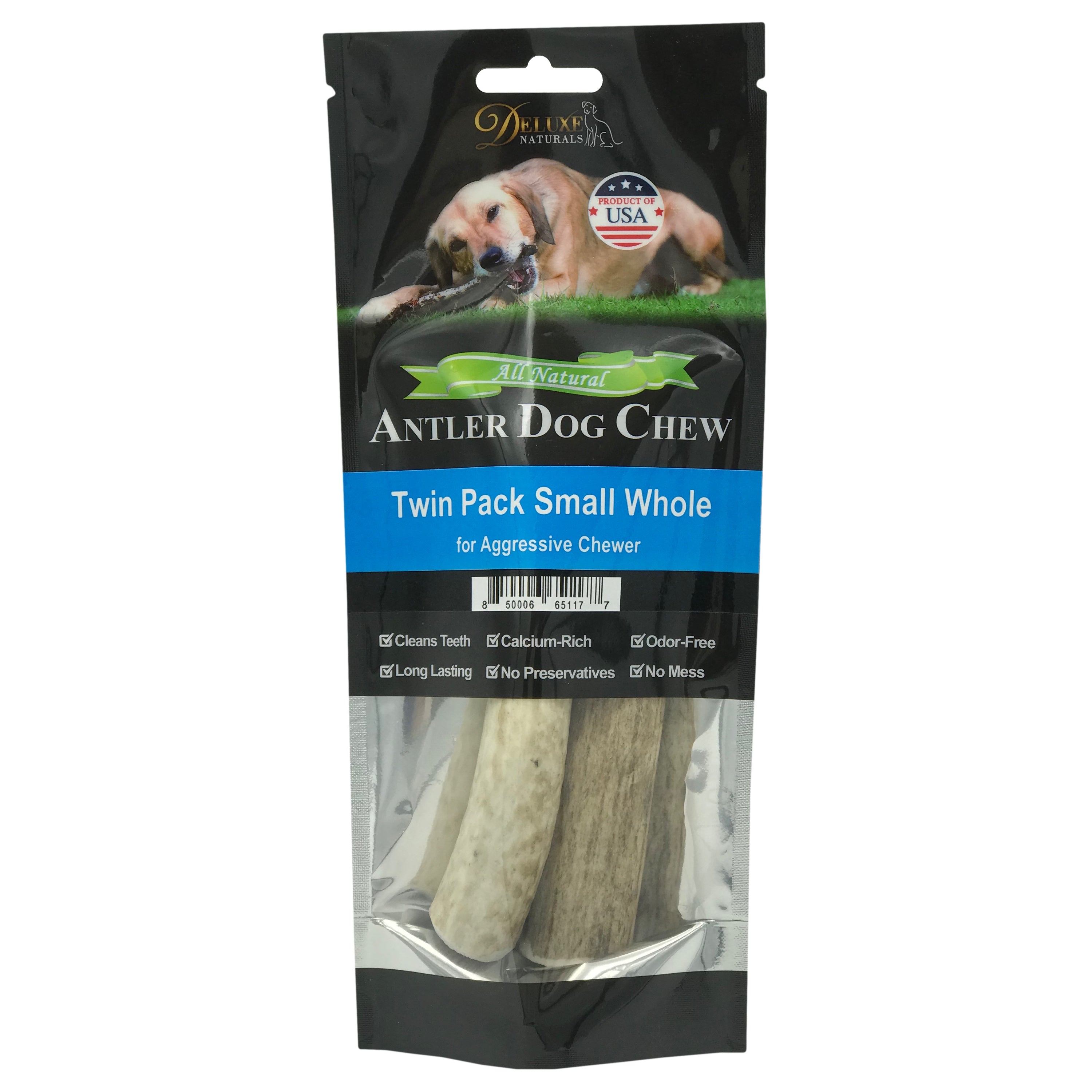 Deluxe Naturals Elk Antler Dog Chew Twin Pack， Small Whole Antlers