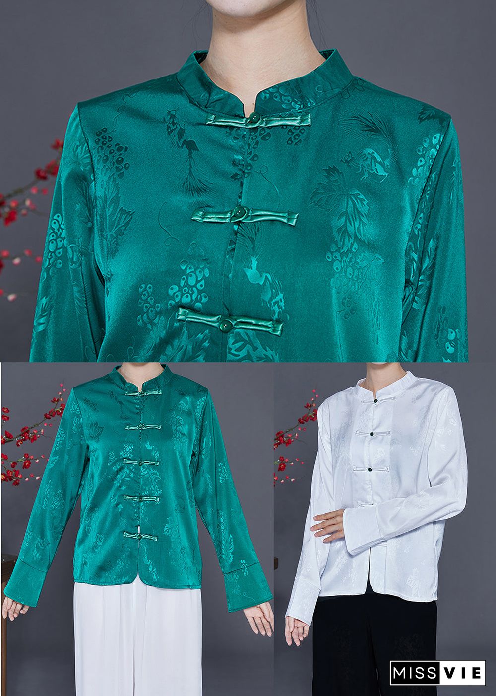 Chinese Style White Stand Collar Chinese Button Silk Blouse Top Spring