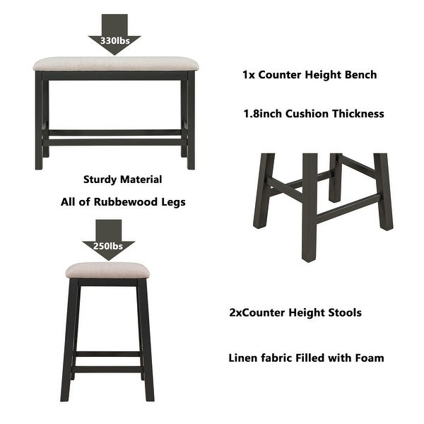 4-Piece X-Design Wood Counter Height Dining Table Set with Upholstered StoolandBench， Kitchen Dining Set with 2 Drawerand2 Shelf