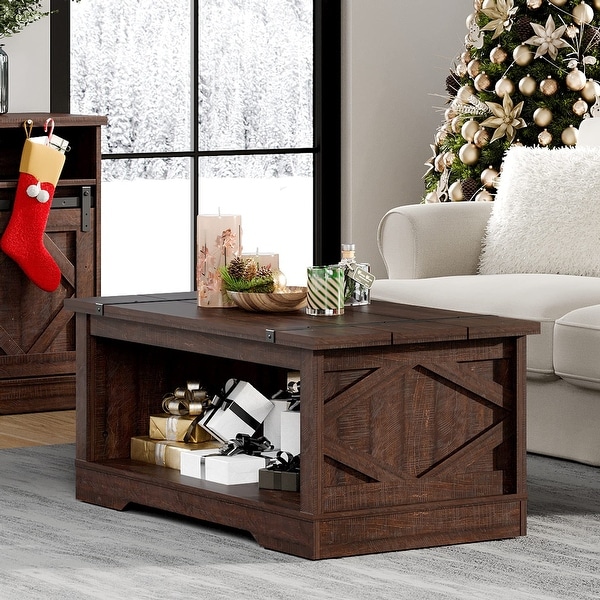 Modern Farmhouse Coffee Table， Rectangle Wood Center Table with Open Storage for Living Room， Spliced Wood Desktop