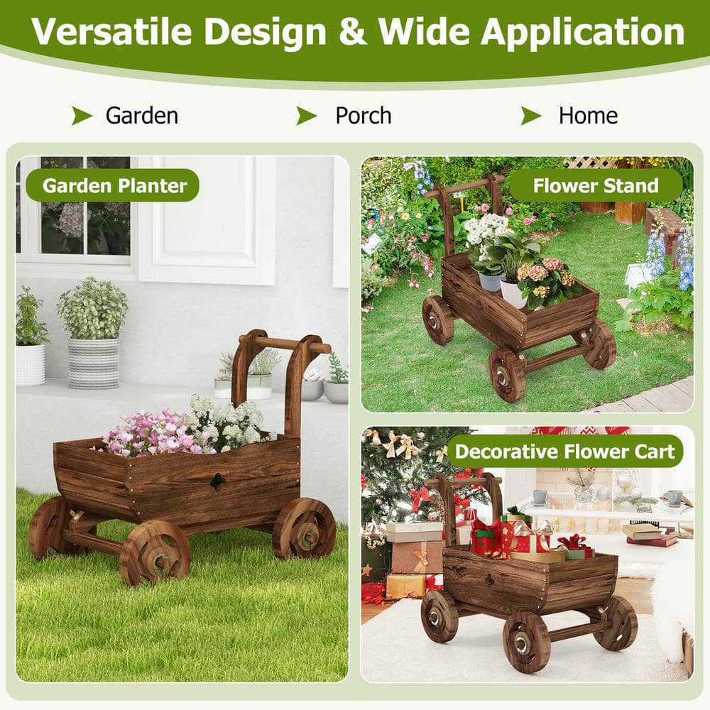 HONEY JOY Wooden Wagon Planter Box Decorative Garden Planter with Wheels Handle Drain Hole Rustic Wooden Flower Planter TOPB006816