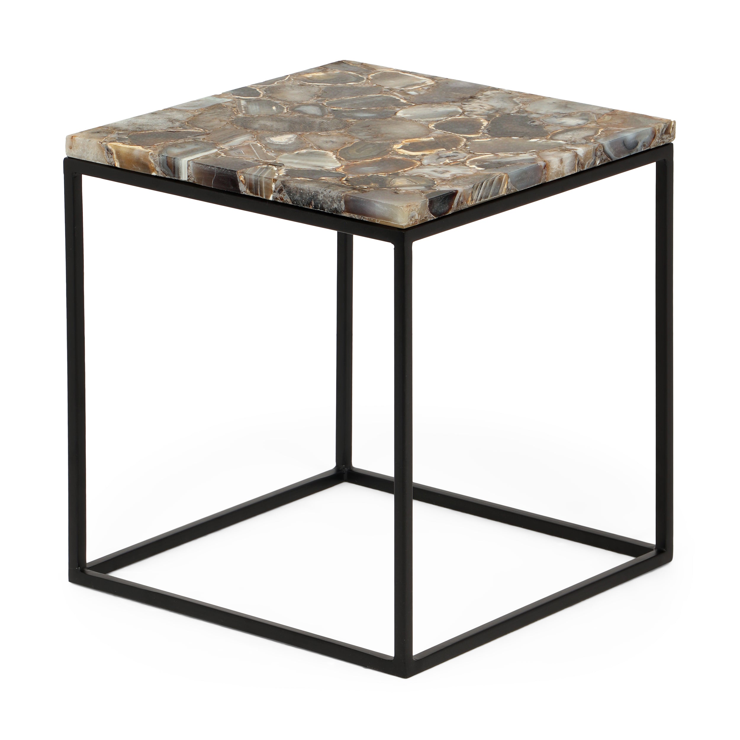 Talcott Boho Handcrafted Agate Marble Top Side Table, Natural Agate and Black