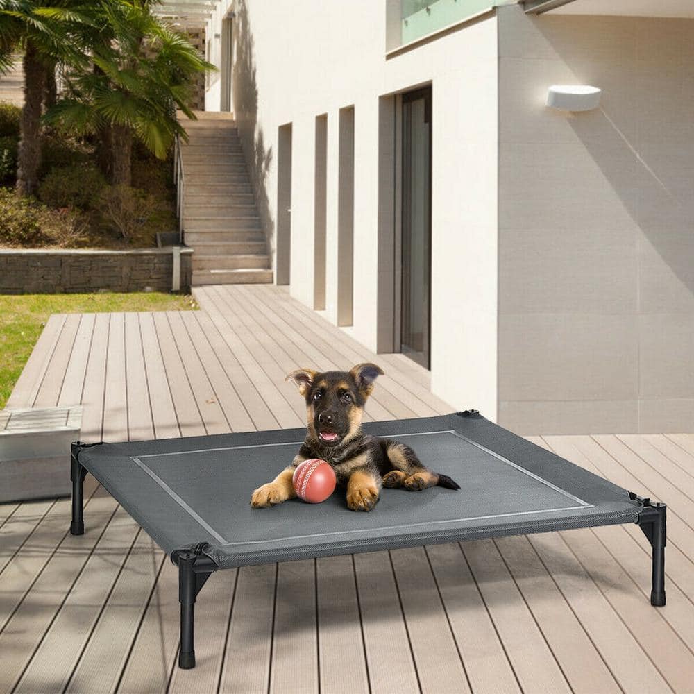 WELLFOR 41.5 in. Extra-Large Gray Metal Bed Portable Outdoor Elevated Pet Bed Cooling Dog Cot with Removable Canopy Shade PS-HWY-7353-XL