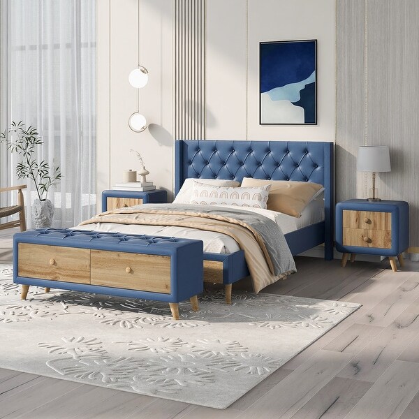 4-Pieces Bedroom Sets Queen/Full Size Upholstered Platform Bed with 2 Nightstands and Storage Bench - - 36612709