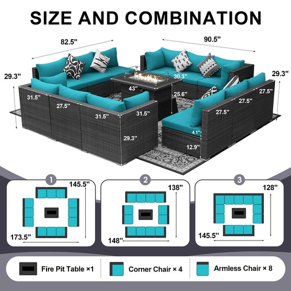 Nicesoul Outdoor Grey Wicker Sectional Furniture Patio Sofa Set with Firepit Table