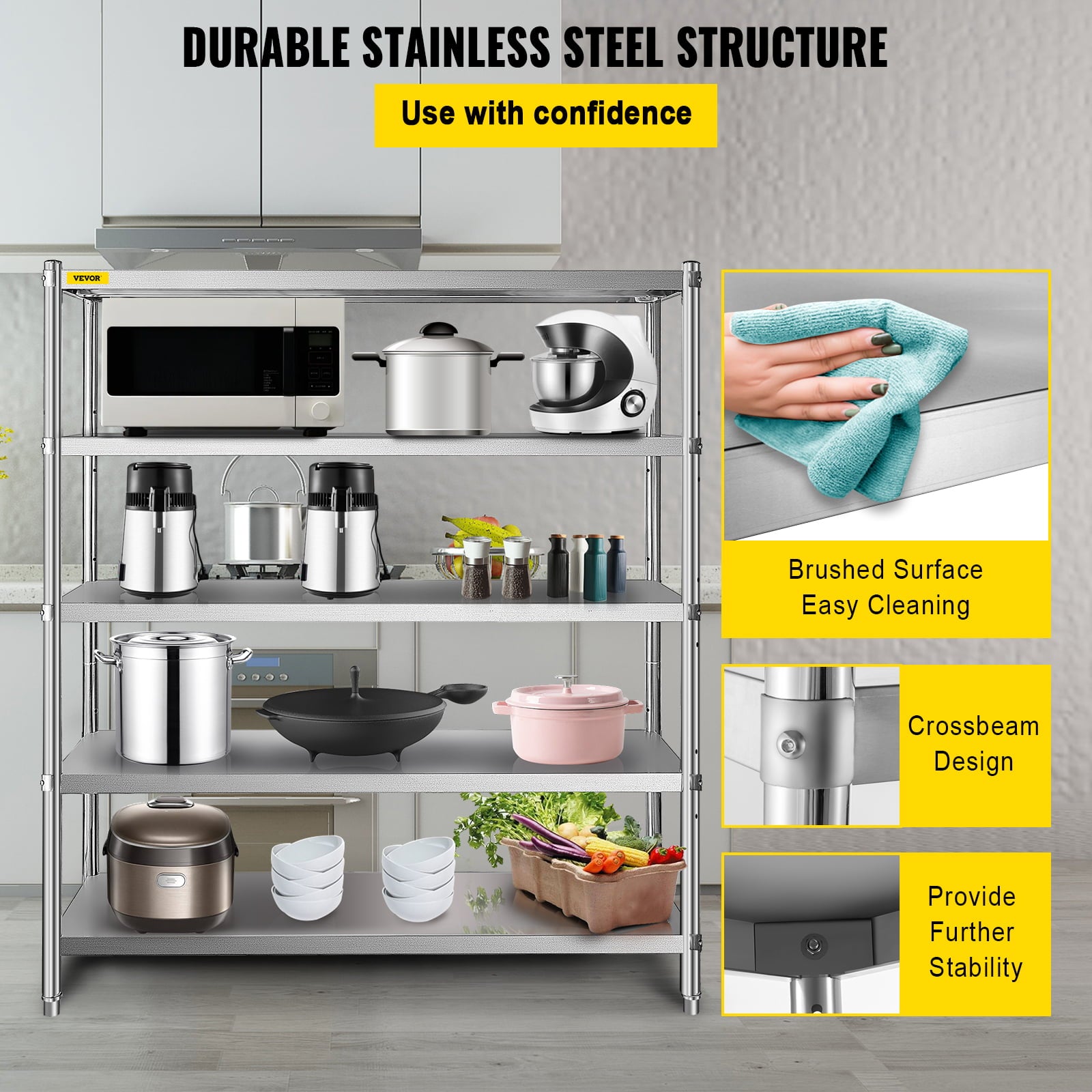 VEVOR Stainless Steel Shelving 60x18.5 inch 5 Tier Adjustable Shelf Storage Unit Stainless Steel Heavy Duty Shelving for Kitchen Commercial Office Garage Storage 330lb Per Shelf